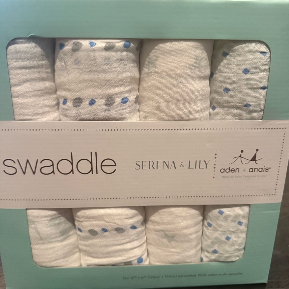 Serena & Lily X Aden + Anais Baby Swaddle Set with Blue and Gray Patterns NWT